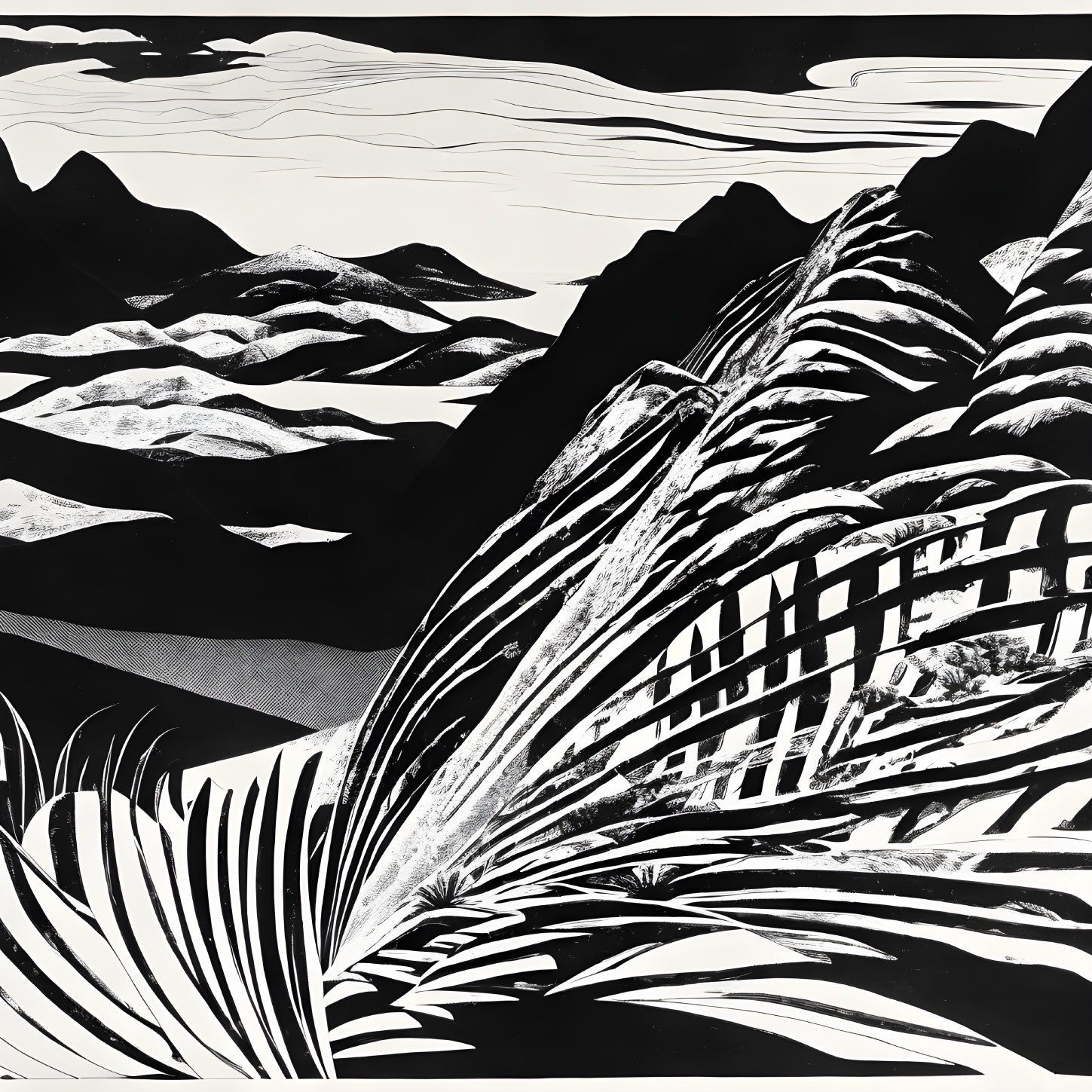 Stylized monochrome landscape with mountains, clouds, and palm leaf.