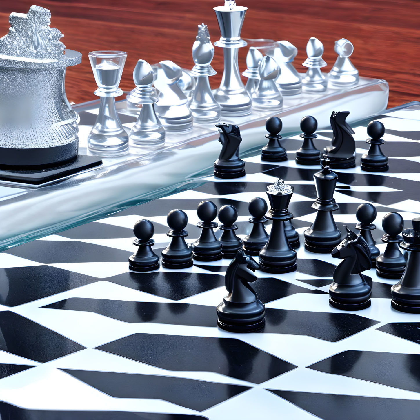 Chessboard 3D rendering with black and white pieces and black knight on reflective surface with blue t