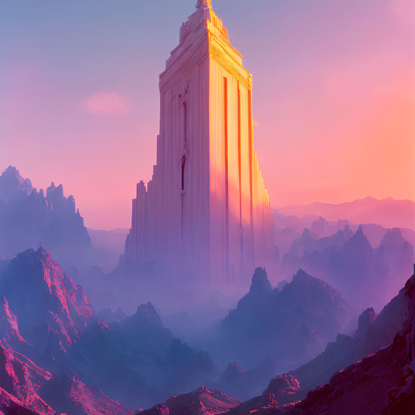 Classical columns on rugged mountains in warm pinkish-purple mist