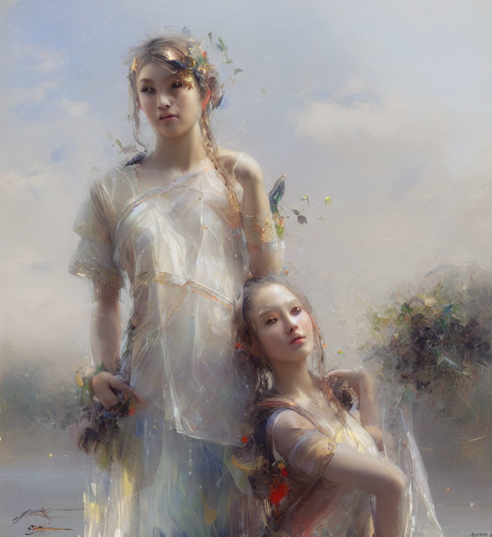 Ethereal figures in flowing garments with delicate flowers in misty setting