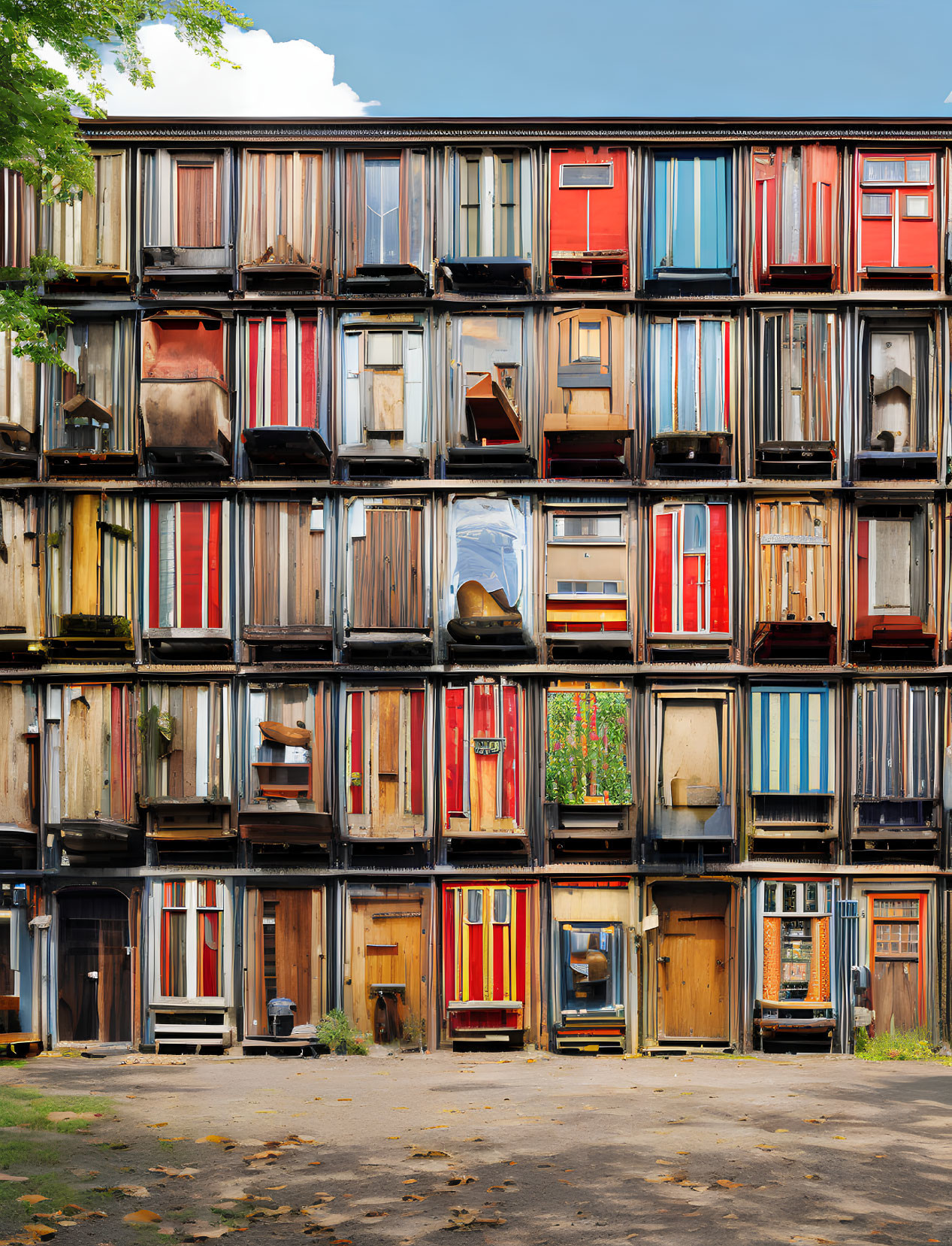 Vibrant facade of stacked shipping containers turned into apartments