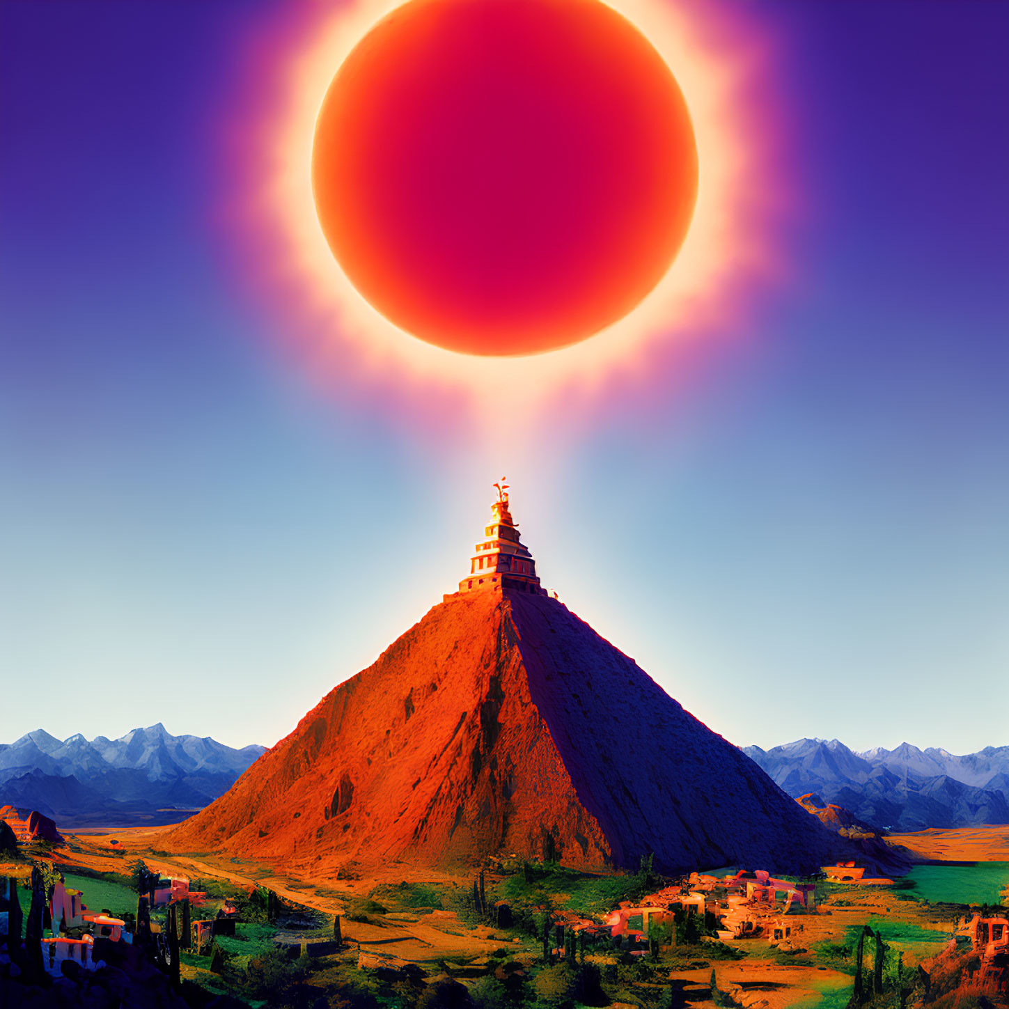 Surreal landscape with oversized sun, conical mountain, pagoda, and buildings