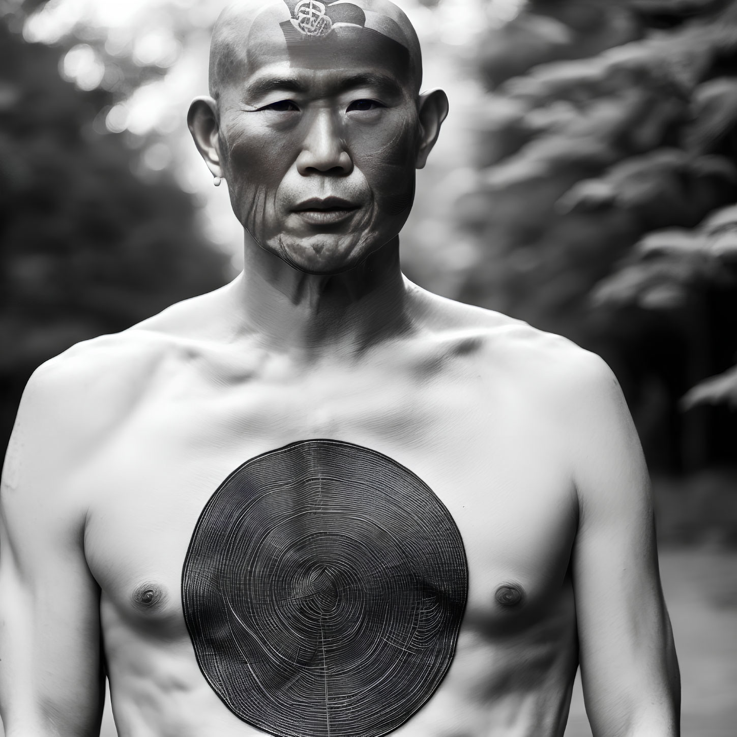 Stoic man with tree ring tattoo on chest in monochrome setting