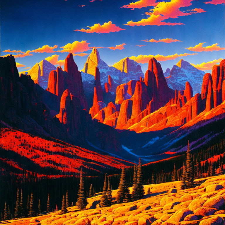 Colorful landscape painting: mountain peaks, sunset sky, clouds, valley with trees.