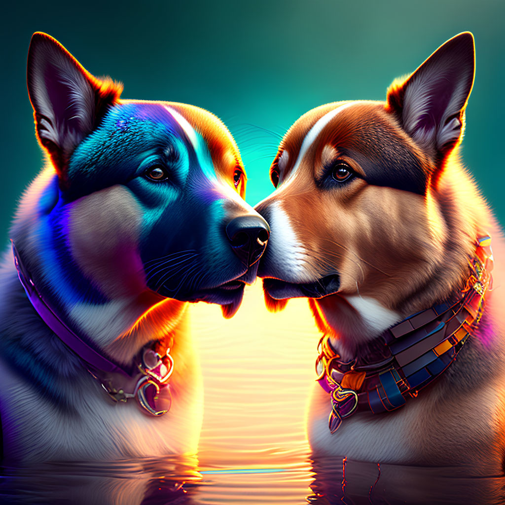 Vividly lit dogs face off on glossy surface