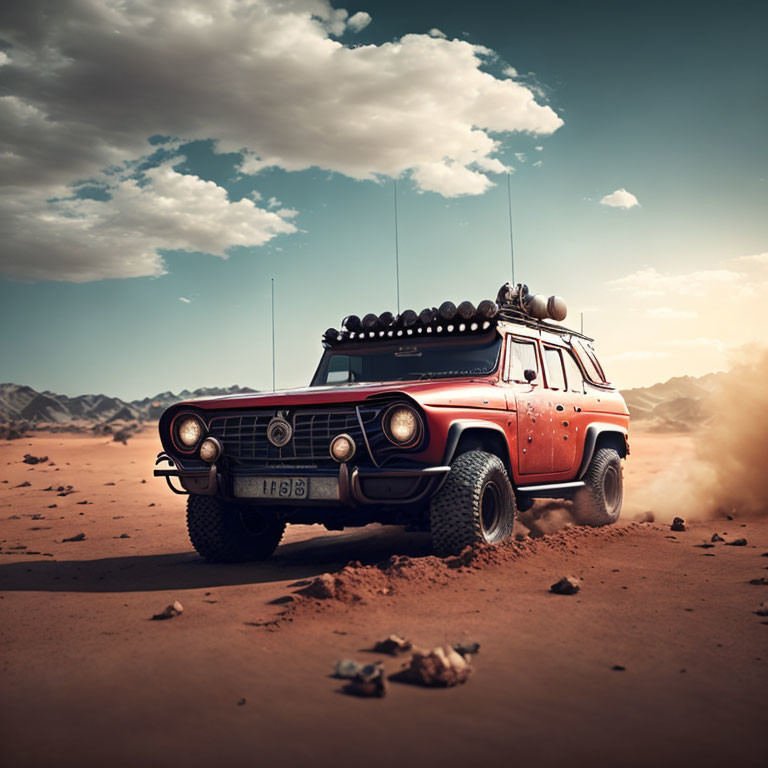 Red Vintage Off-Roading Vehicle on Dusty Desert Terrain