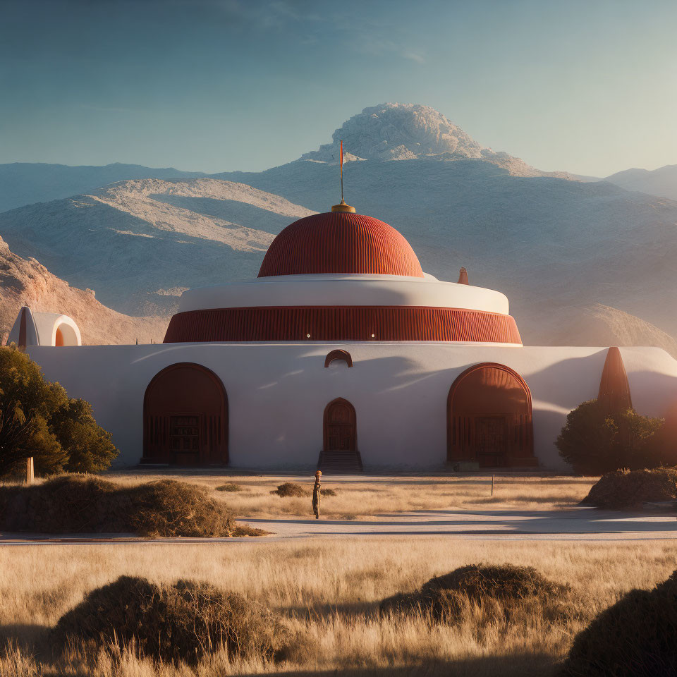 Person walking to dome-shaped building in serene landscape