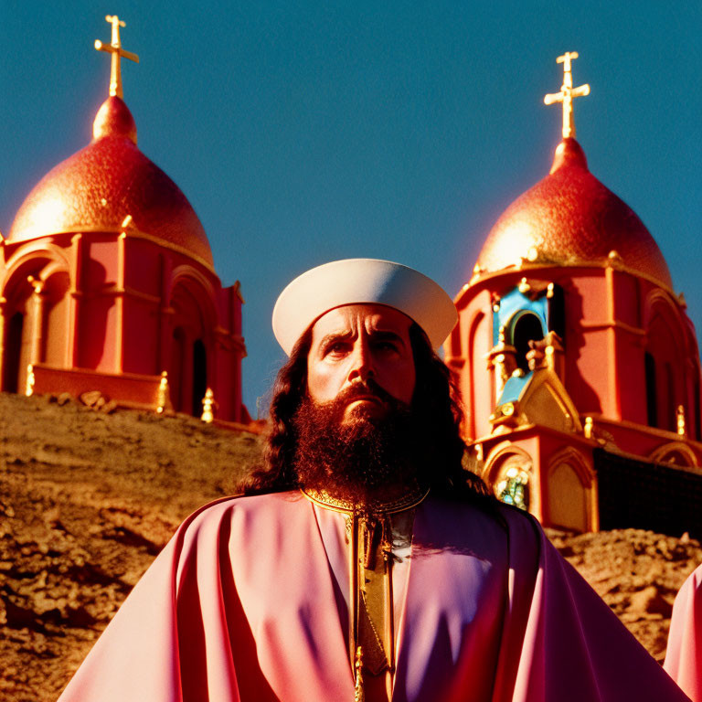 Clerical man in front of church with red domes under clear sky