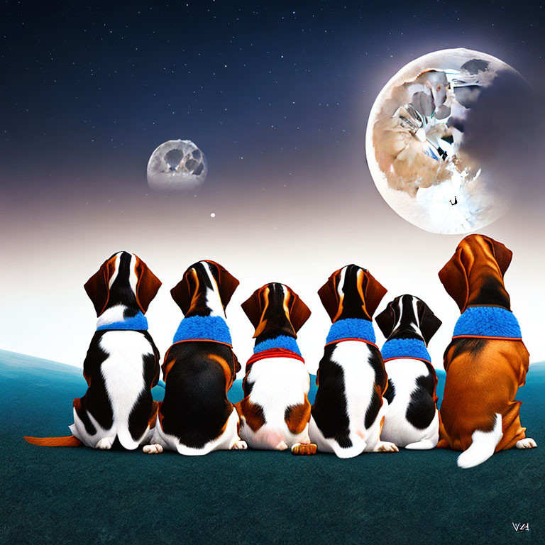 Five Beagle Dogs in Sweaters Facing Surreal Landscape