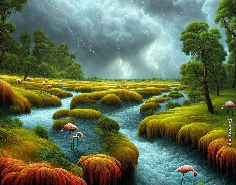 Vibrant landscape painting: Flamingos in lush greenery with stormy skies