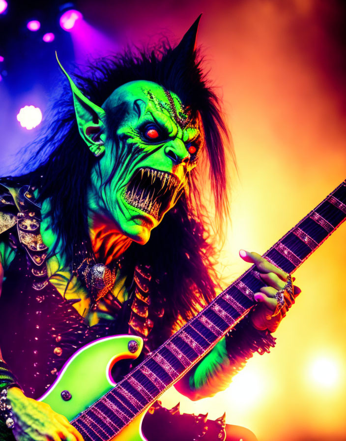 Person with dramatic demon-like makeup playing electric guitar under vibrant stage lighting