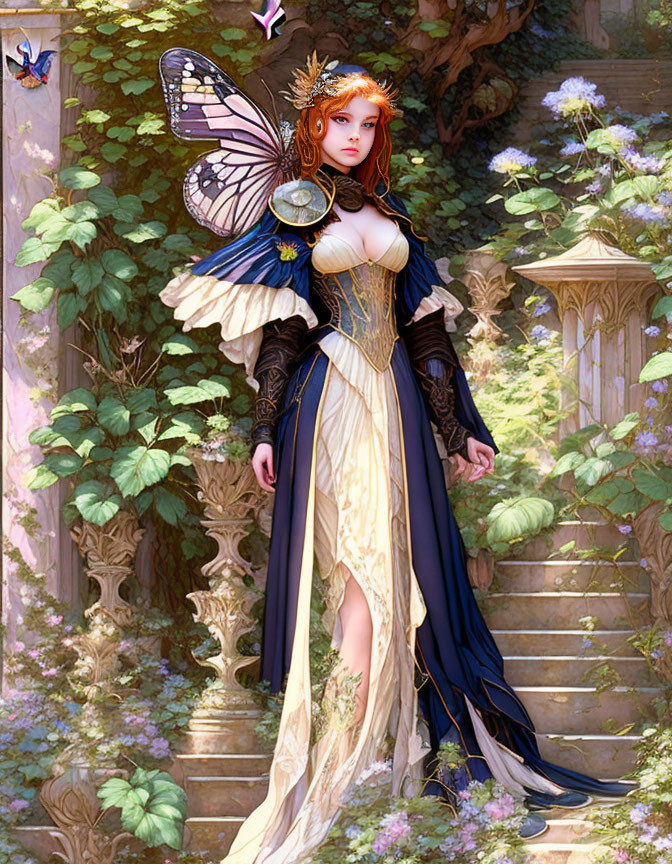 Fantasy female fairy figure in elegant dress with wings in lush garden