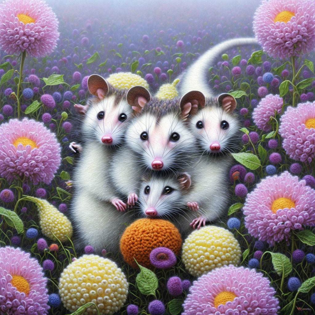 Realistic anthropomorphized mice in colorful flower setting