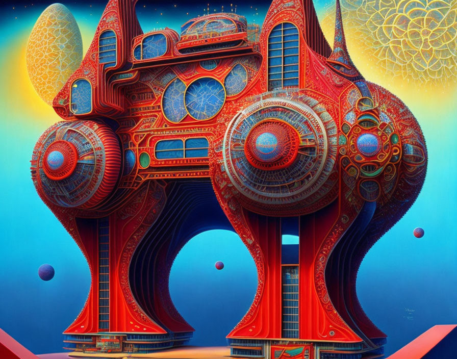 Futuristic architecture with intricate patterns and spherical elements on a blue sky background.