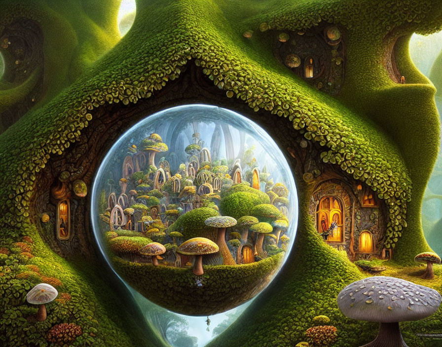 Fantasy landscape with crystal ball, mushroom village, and tree houses