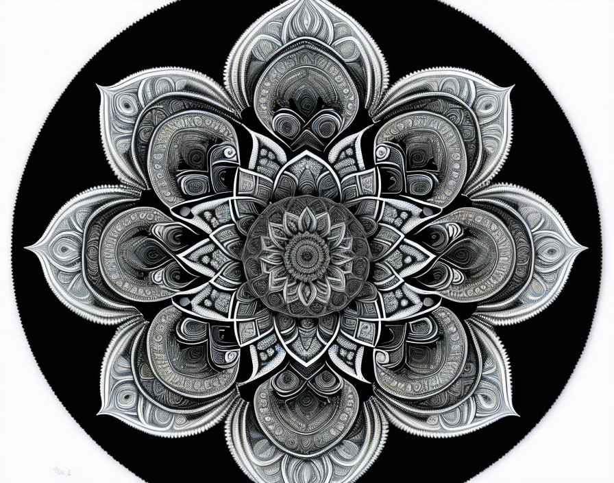 Detailed black and white money-inspired mandala on black background