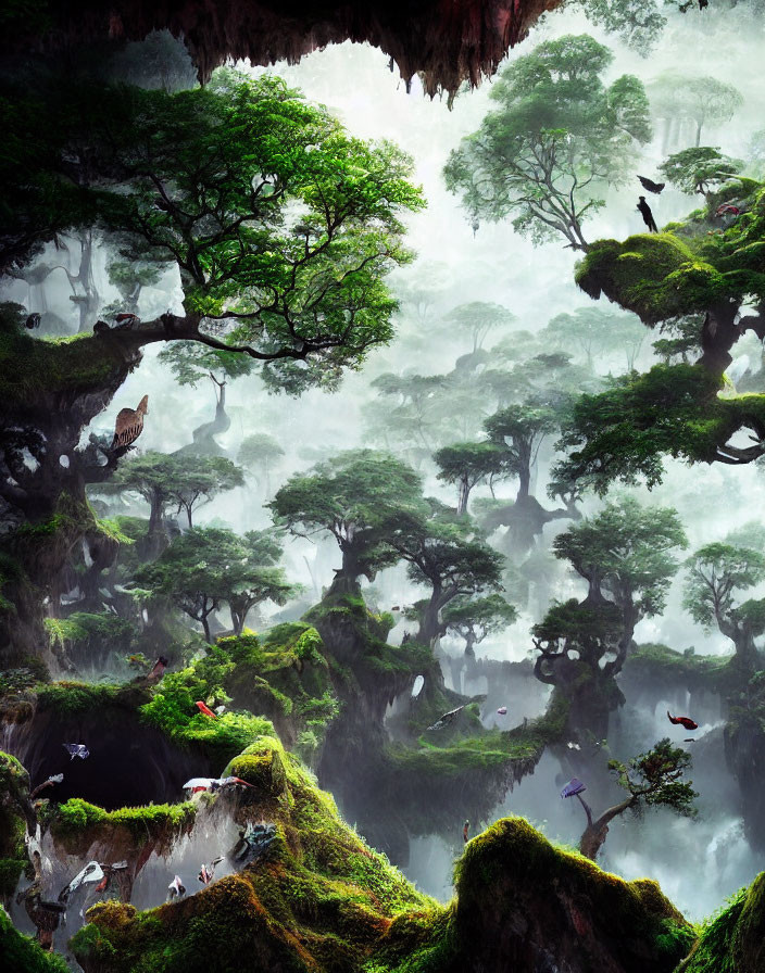 Misty forest scene with green foliage, birds, and rocky outcrops