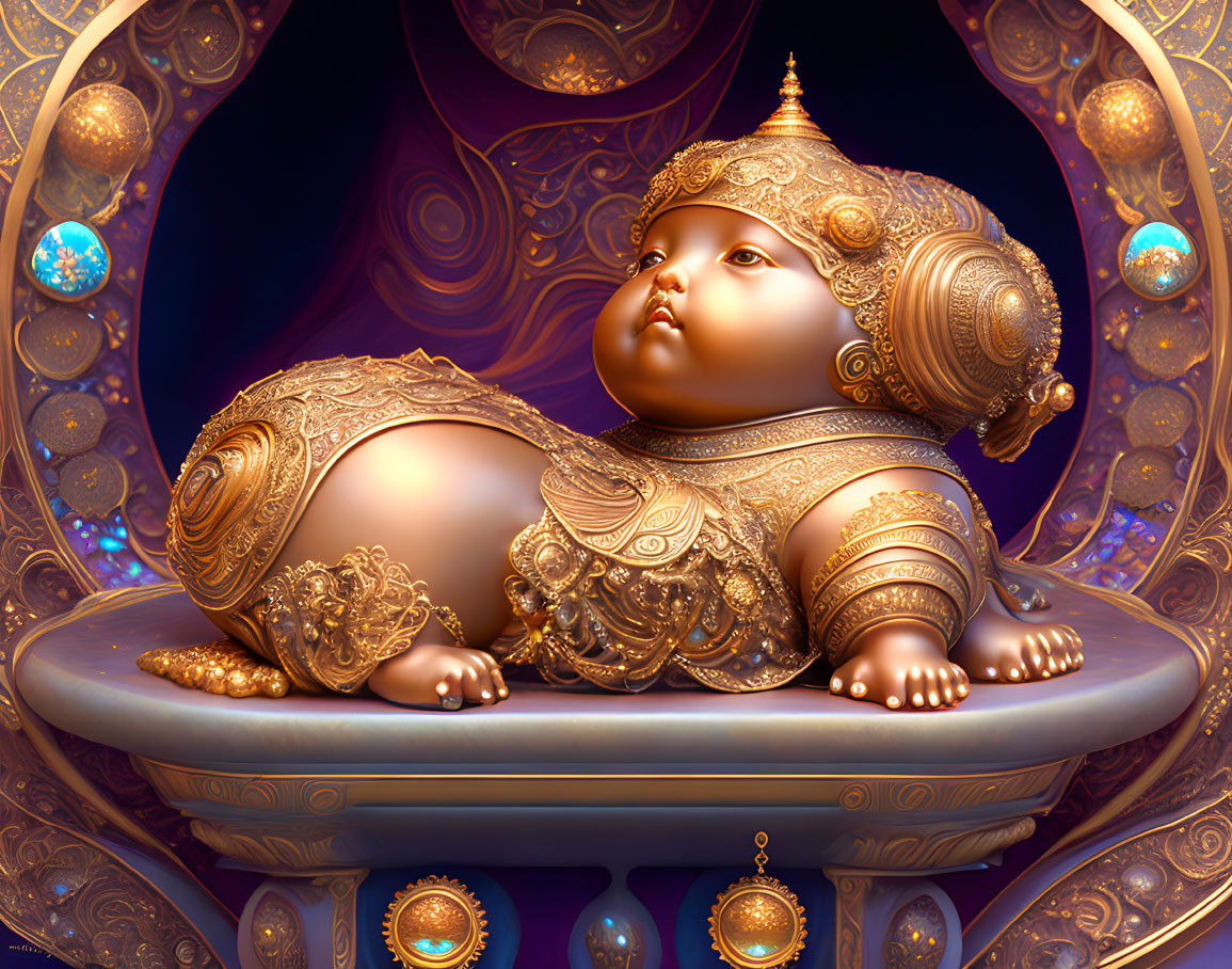 Intricate golden baby sculpture on ornate pedestal with cosmic swirl background