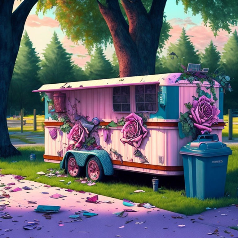 Pink caravan in rose-filled forest with trash bin and litter.