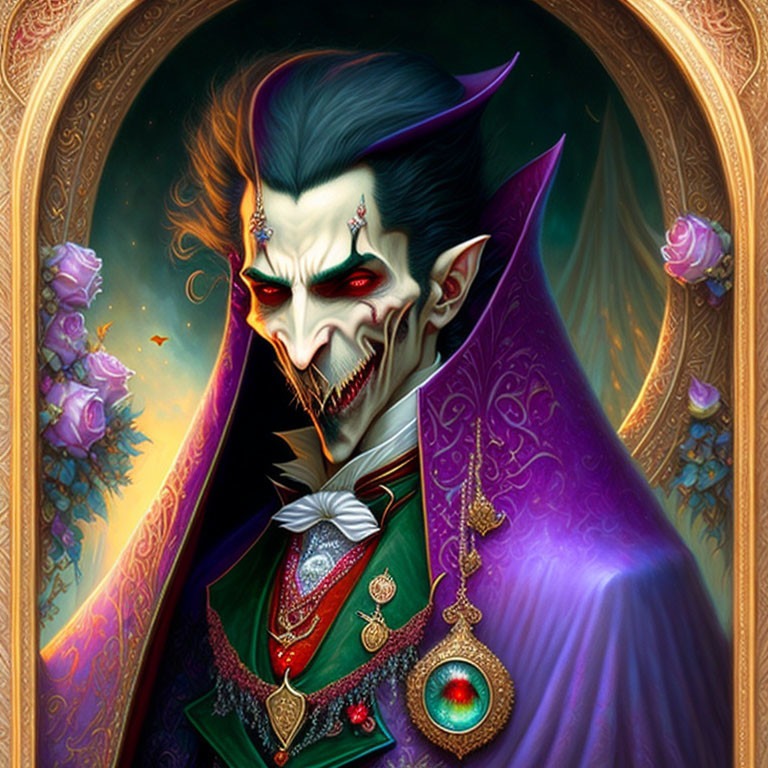 Illustrated portrait of vampire with pointed ears, sharp fangs, green eyes, regal outfit,