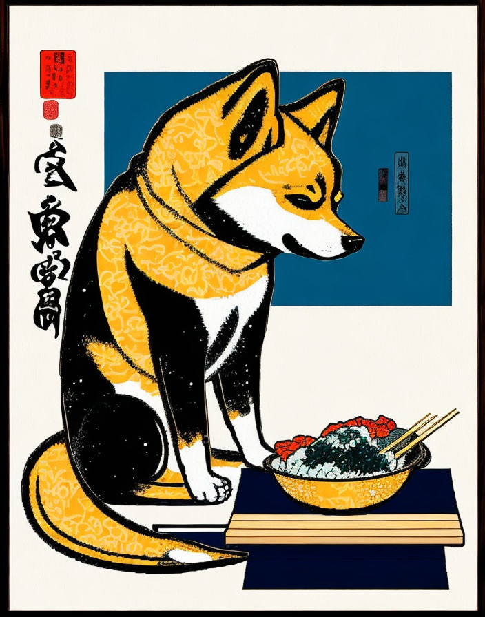 Traditional Japanese ukiyo-e style illustration of Shiba Inu dog with rice bowl on blue and