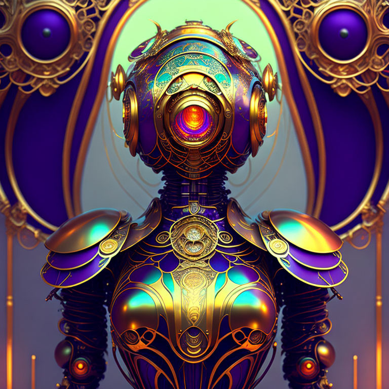 Detailed Ornate Mechanical Figure with Golden and Blue Patterns on Purple Background