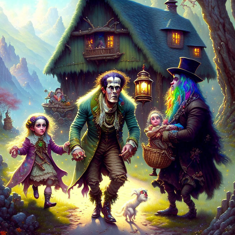 Gothic Victorian zombie family with colorful witch in fantasy illustration