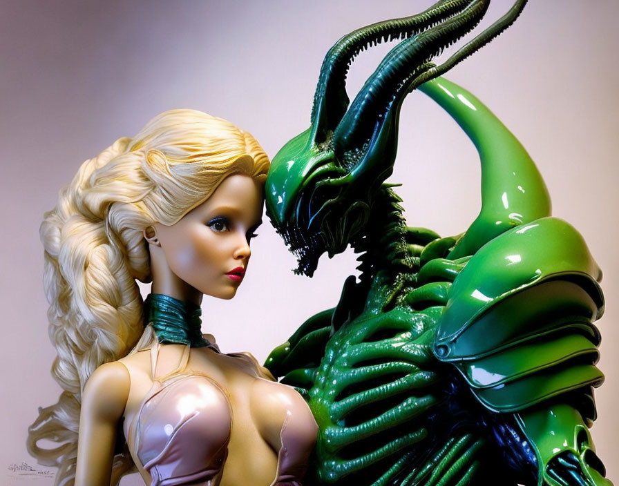 Blonde hair doll meets green alien with head crest