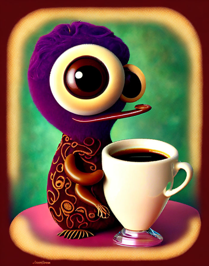 Colorful Cartoon Character with Large Eyes and Purple Feathers Holding Coffee