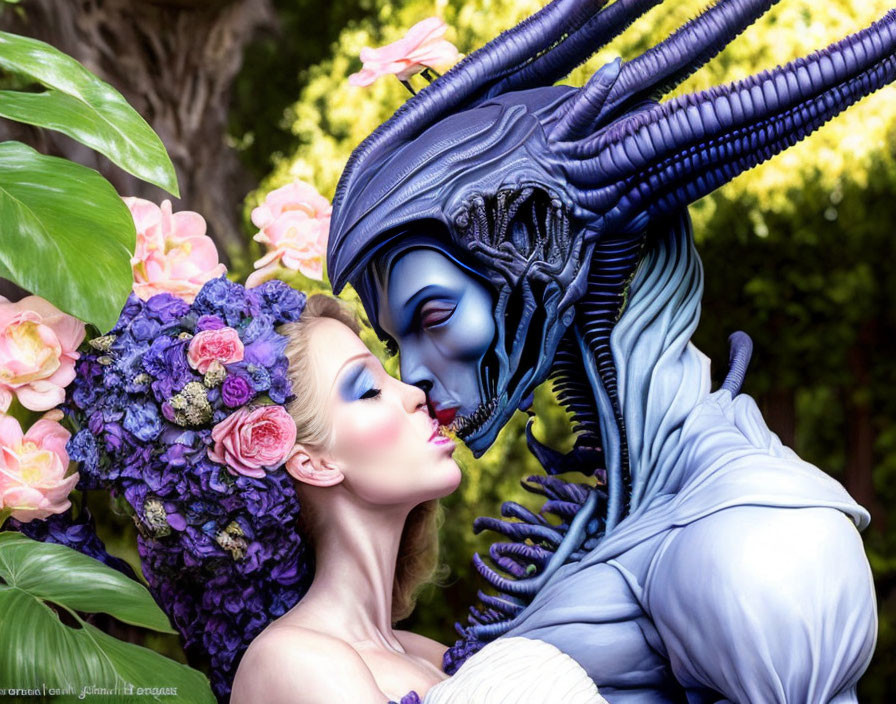 Elaborate Blue Alien Costume Embracing Woman with Floral Headpiece