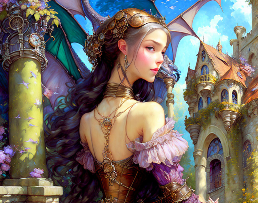 Elfin woman with crown and jewelry in purple fantasy attire before ornate castle