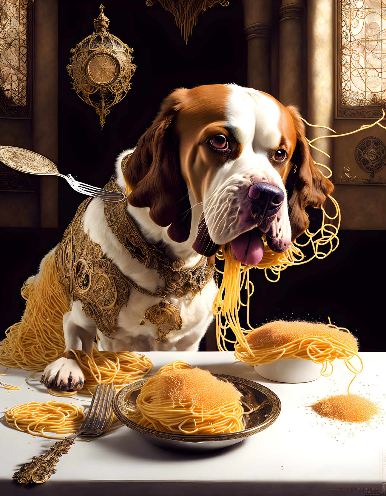 Beagle dog in aristocratic costume with spaghetti in opulent room