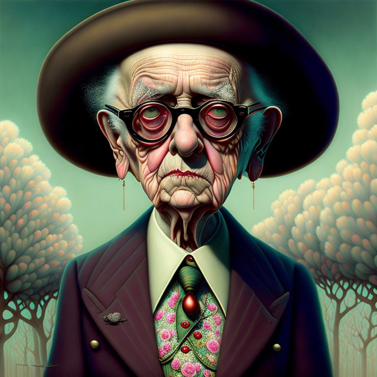 Elderly man caricature with wide-brimmed hat and round glasses