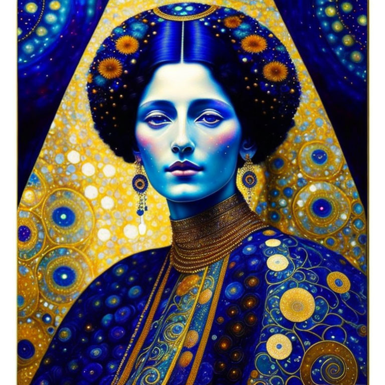 Vibrant digital artwork: Woman with blue skin and gold patterns in cosmic setting