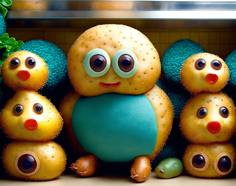 Anthropomorphic Fruit Family Grouping with Large Eyes and Mouths