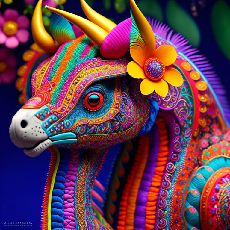 Colorful Mythical Horse with Horns and Flowers on Blue Background