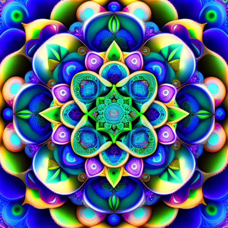 Symmetrical fractal design in vivid blues, greens, and purples