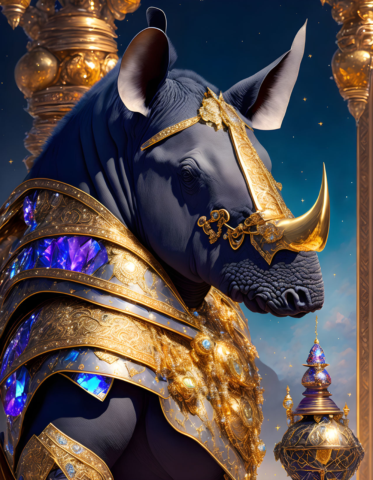 Majestic elephant with golden tusks in ornate armor under starry sky