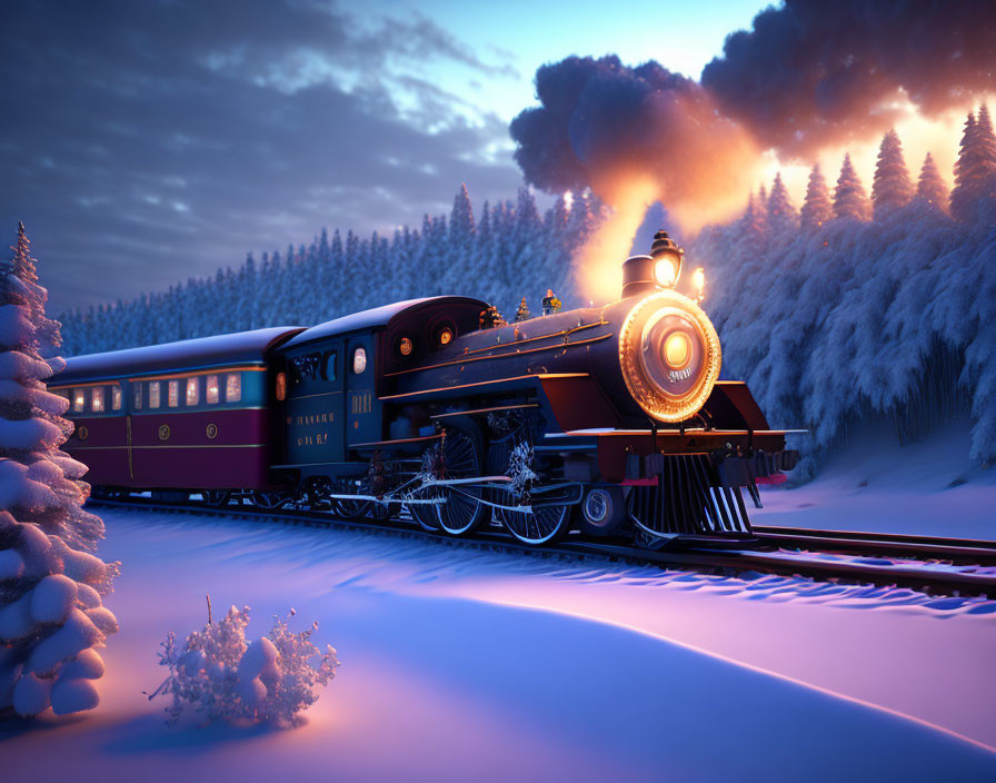 Vintage Train Glowing Lights Snowy Landscape Night Sky