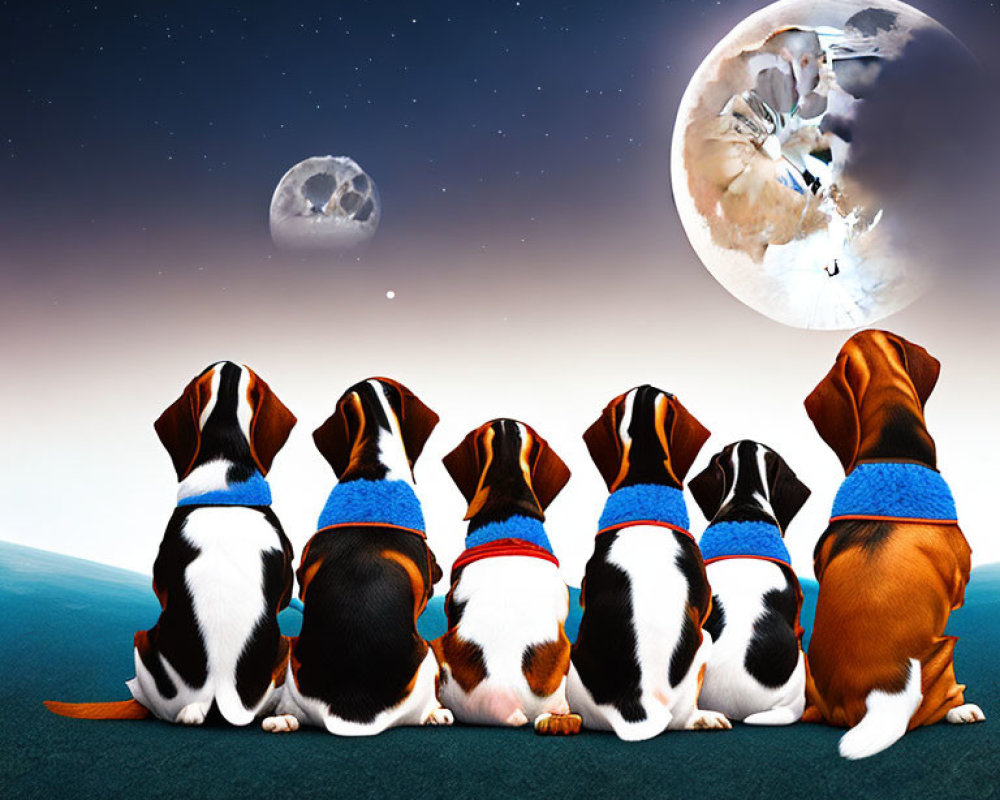 Five Beagle Dogs in Sweaters Facing Surreal Landscape