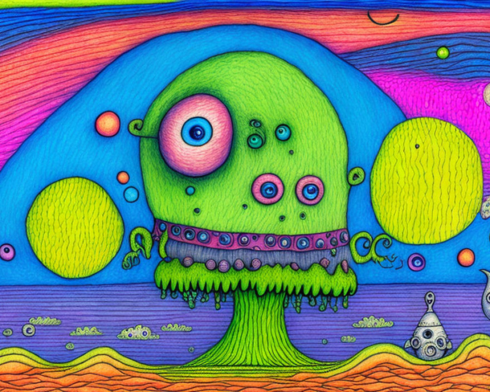 Colorful Psychedelic Illustration of Whimsical Creature with Tree-Like Body and Multiple Eyes