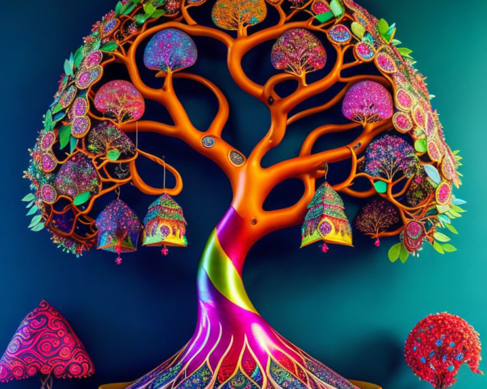 Colorful digital artwork of whimsical tree with intricate patterns and fantastical objects