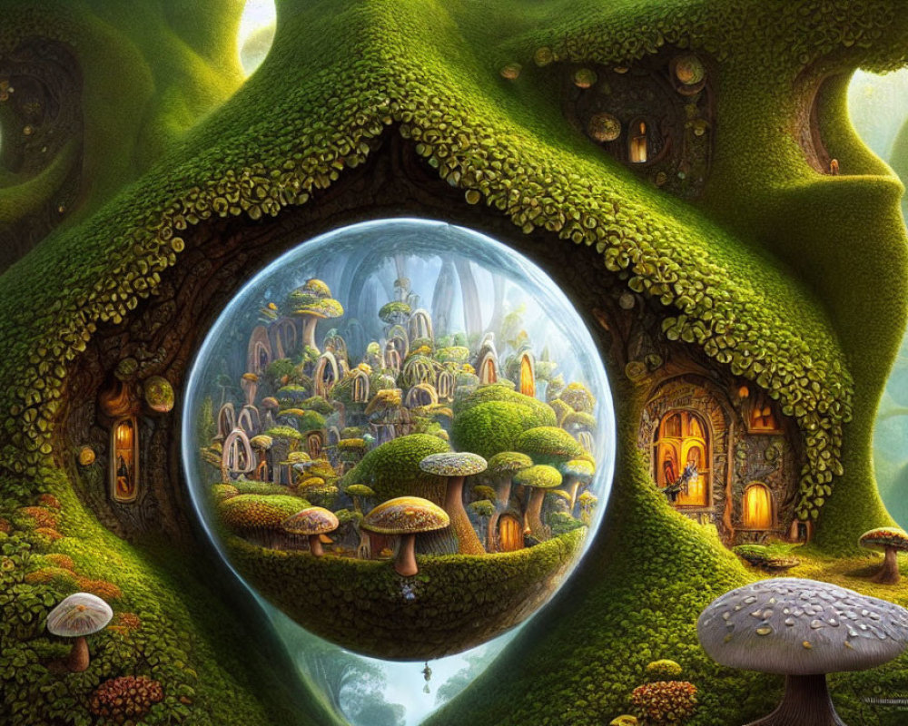 Fantasy landscape with crystal ball, mushroom village, and tree houses