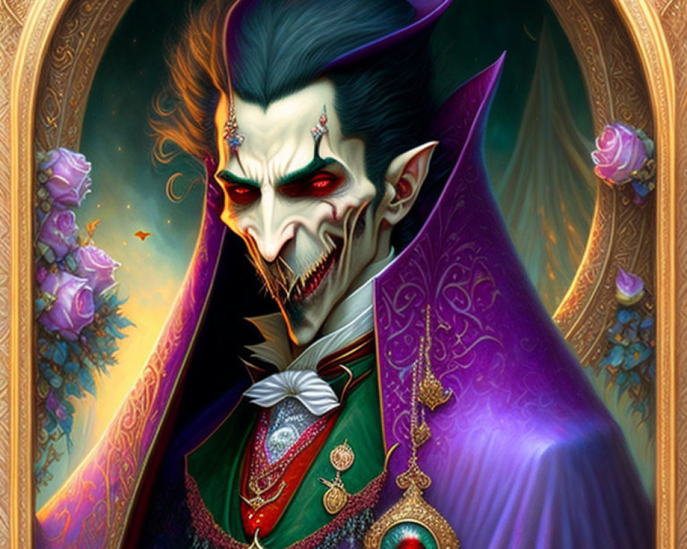 Illustrated portrait of vampire with pointed ears, sharp fangs, green eyes, regal outfit,