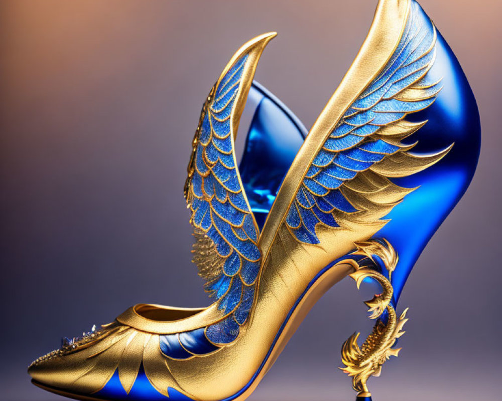 Golden high-heeled shoe with blue wings on amber background