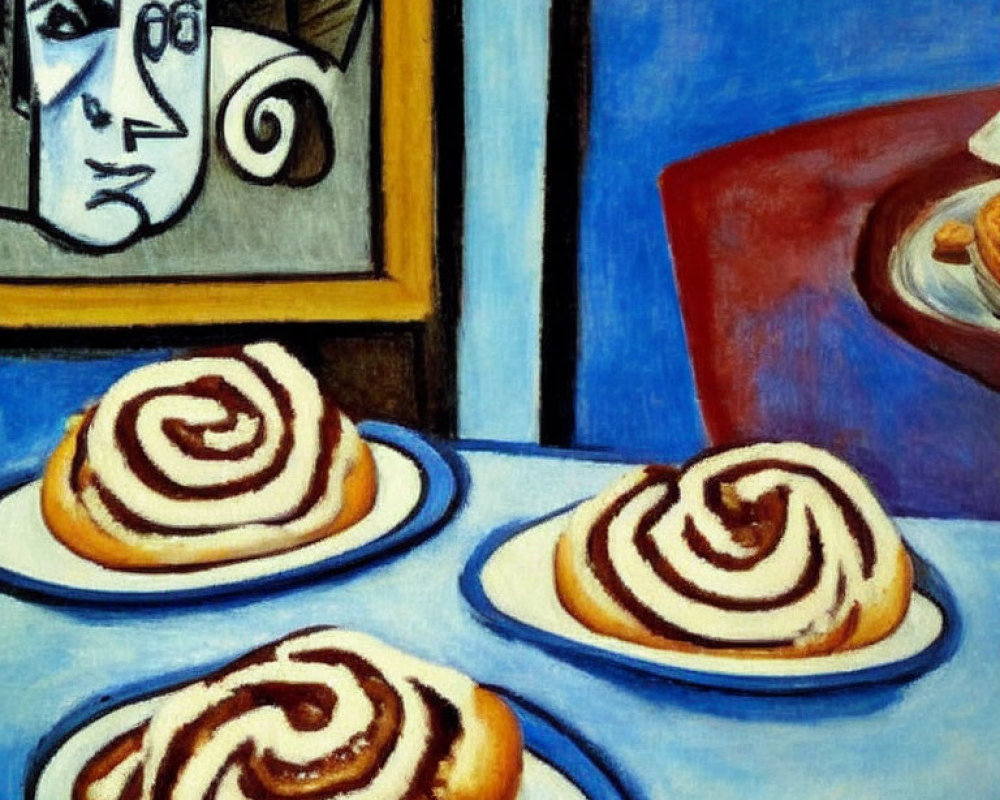 Abstract painting featuring three cinnamon rolls on plates with colorful background and framed face portrait