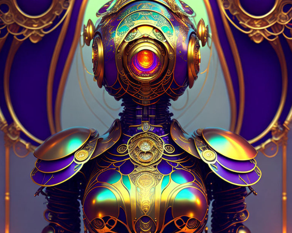 Detailed Ornate Mechanical Figure with Golden and Blue Patterns on Purple Background