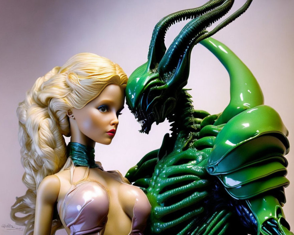 Blonde hair doll meets green alien with head crest