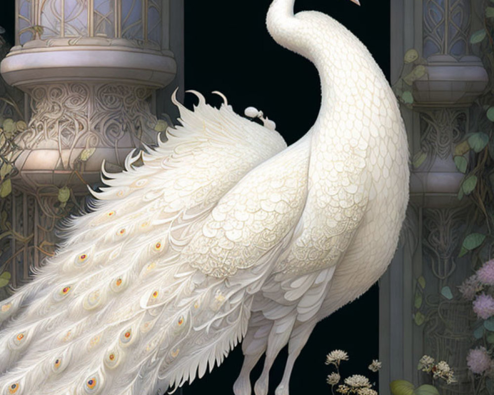 Detailed Illustration of Majestic White Peacock on Ornate Backdrop