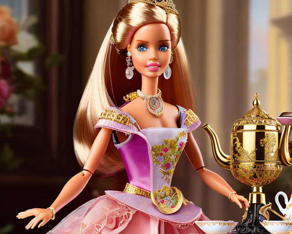 Pink and Purple Princess Barbie Doll in Golden Embellished Dress